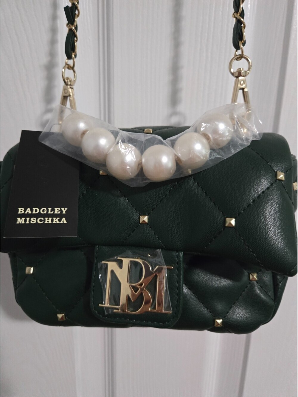 Badgley Mischka Quilted Crossbody Bag Green Gold Studded Pearl Handle NWT New - Picture 12 of 15